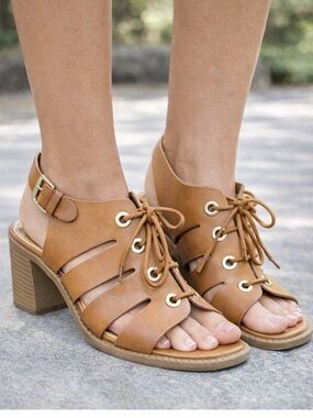Elegant Tan Lace-Up Heeled Sandals